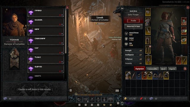 Giao diện của Purveyor of Curiosities trong Diablo 4