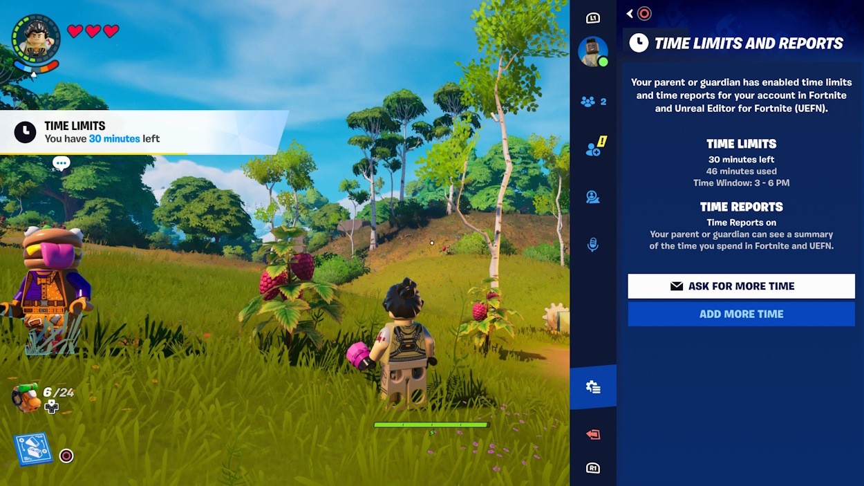 Giao diện của trẻ về giới hạn thời gian và báo cáo trong Fortnite