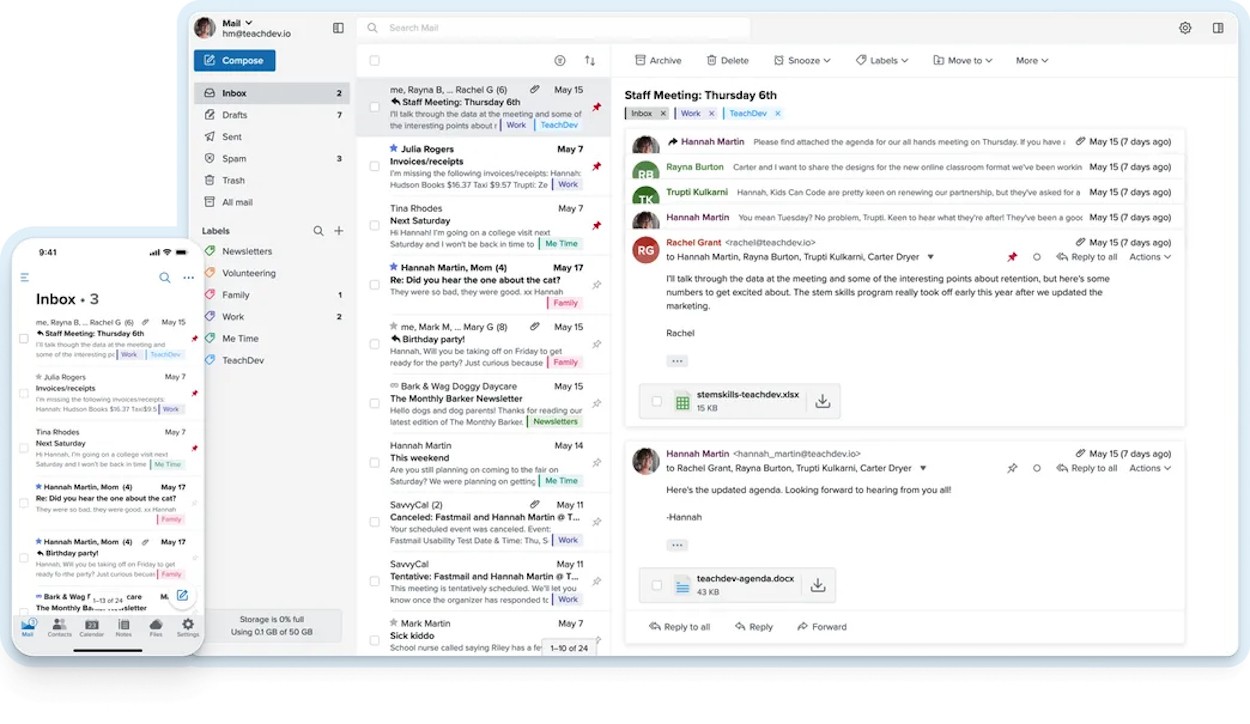 Giao diện Fastmail trên máy tính và ứng dụng di động