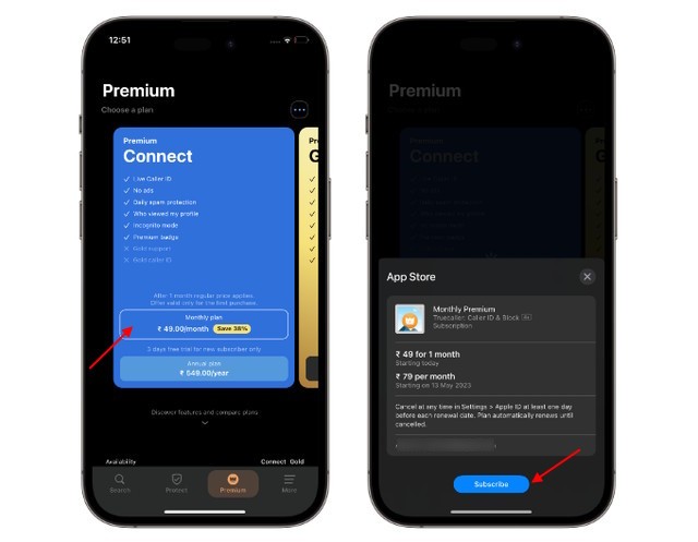 Giao diện lựa chọn gói Truecaller Premium
