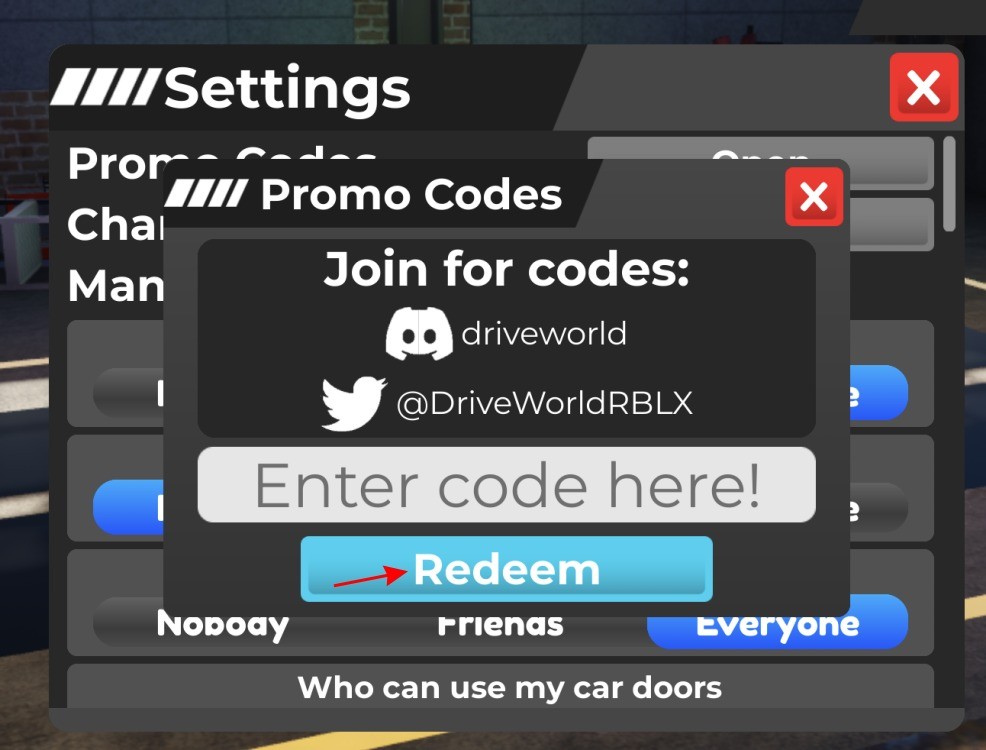 Giao diện nhập code Drive World