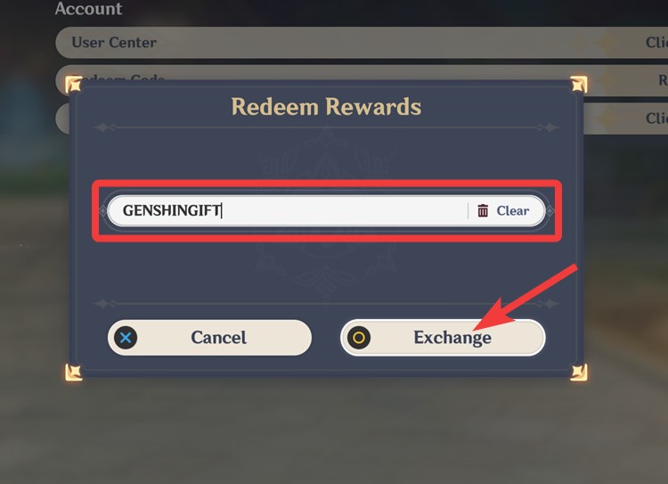 Giao diện nhập code Genshin Impact