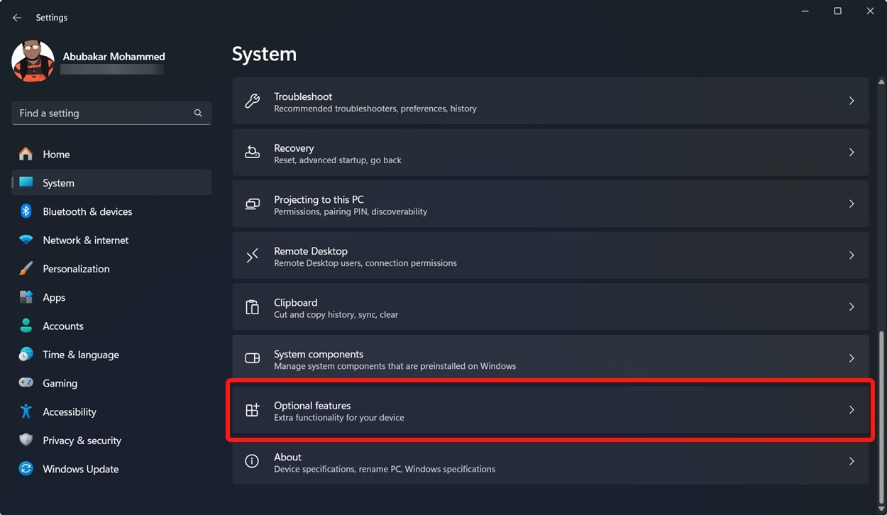 Giao diện Optional features trong Windows 11 để xem các tính năng có thể cài đặt