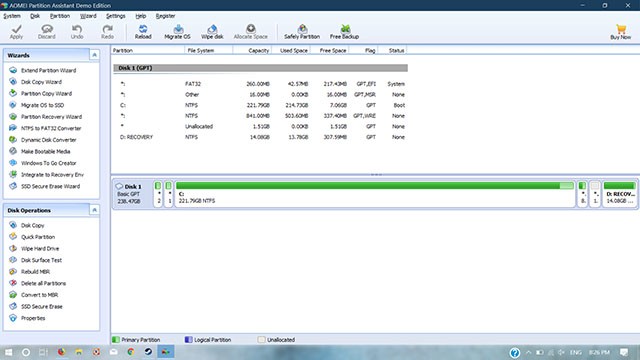 Giao diện phần mềm AOMEI Partition Assistant