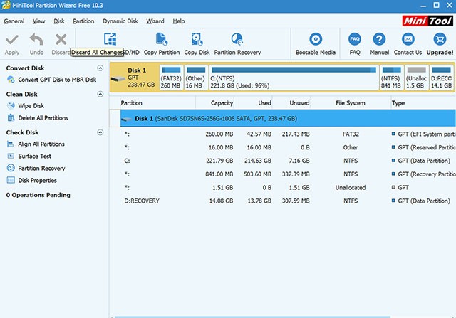 Giao diện phần mềm MiniTool Partition Wizard