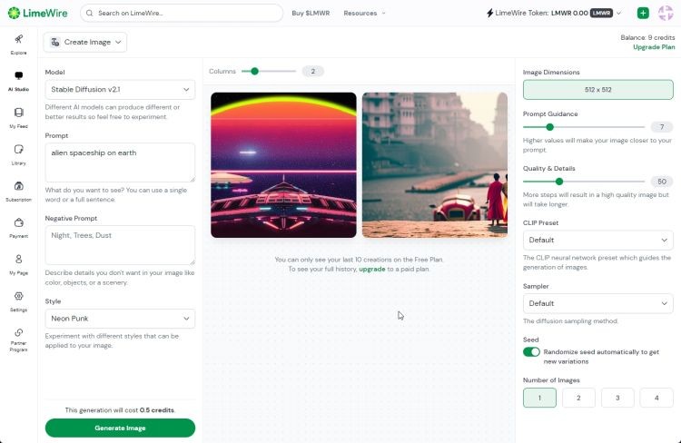 Giao diện tạo hình ảnh AI trên LimeWire AI Studio