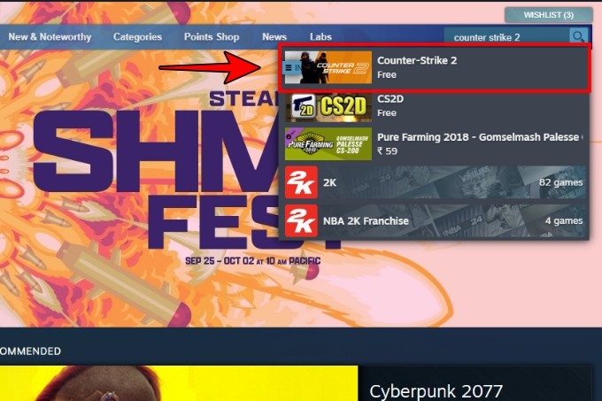 Giao diện tìm kiếm Counter-Strike 2 trên Steam Store