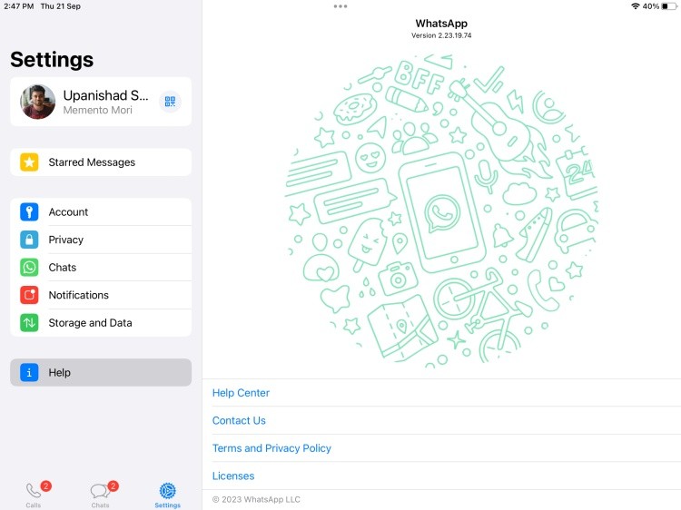 Giao diện trợ giúp WhatsApp trên iPad