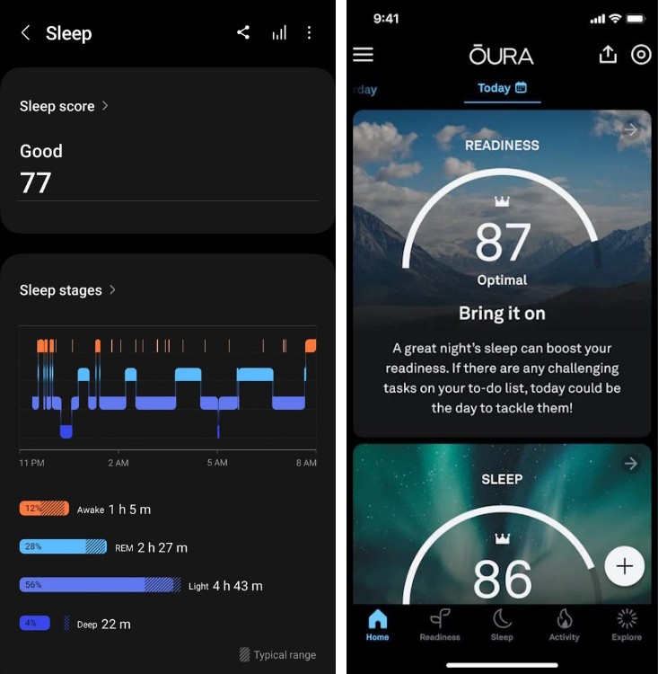 Giao diện ứng dụng Samsung Health và Oura