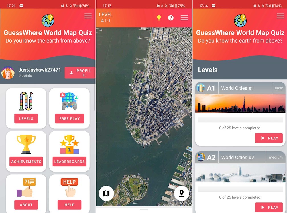 Giao diện và gameplay của ứng dụng Android GuessWhere