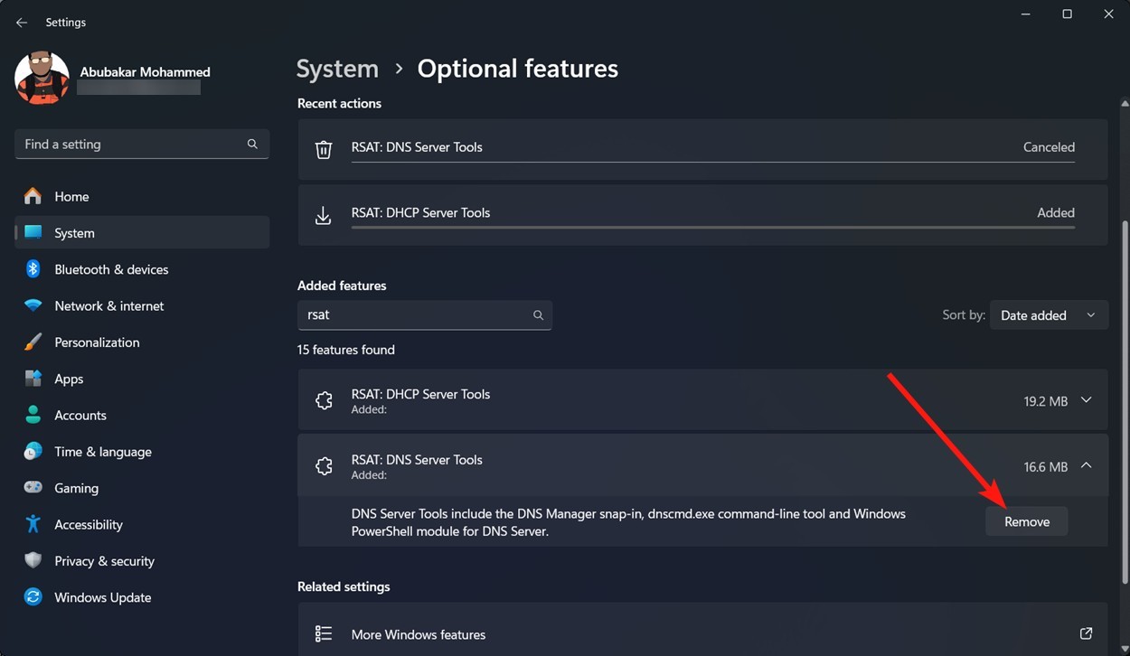 Gỡ bỏ RSAT thông qua giao diện Settings của Windows 11