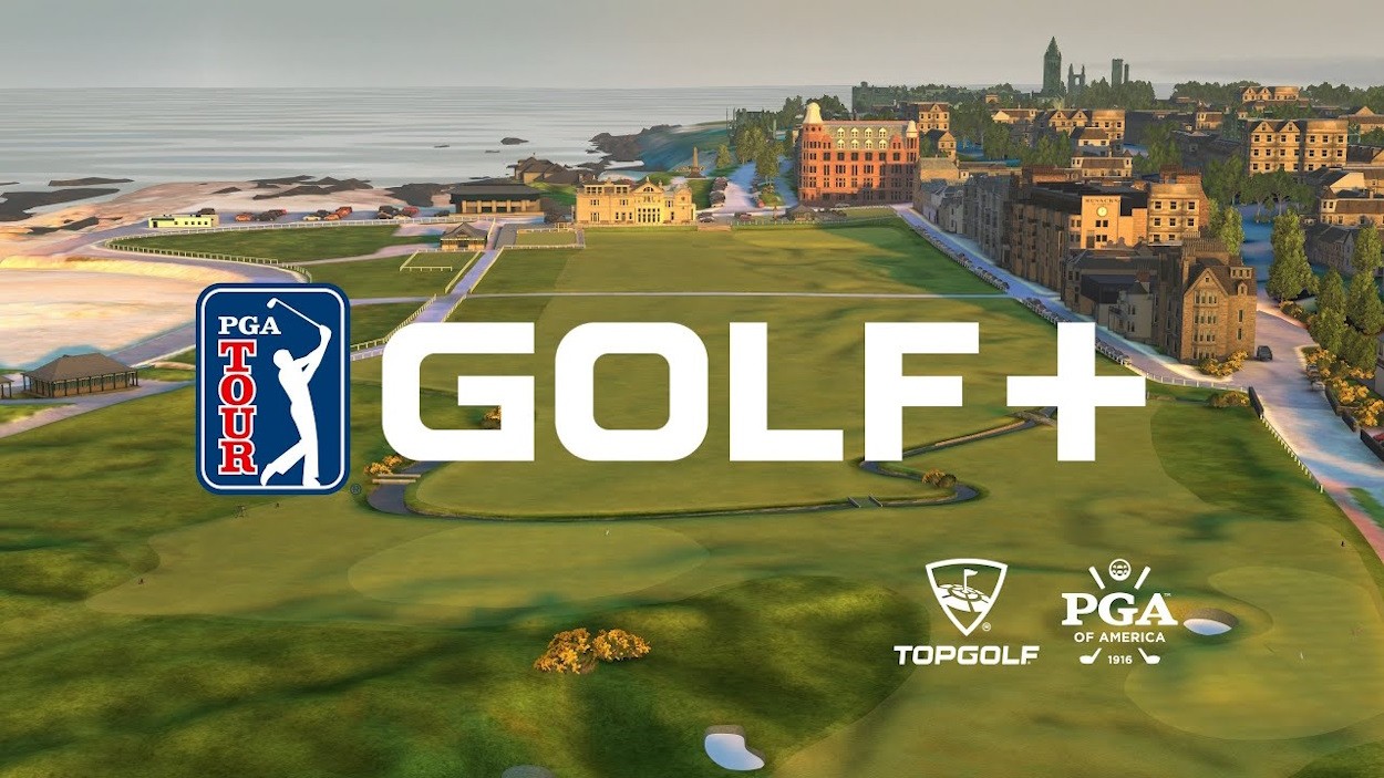 Golf+ on Meta Quest 3: Golf+ trên Meta Quest 3, người chơi đang thực hiện một cú swing golf trên một sân golf ảo, mang lại cảm giác chân thực như đang ở trên sân cỏ thật