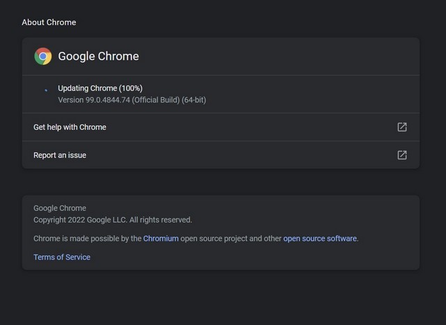 Google Chrome đã cập nhật lên phiên bản 99.0.4844.74