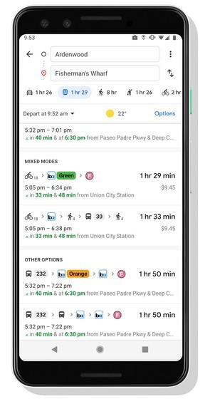 Google Maps thêm thông tin đạp xe và đi chung xe vào hướng dẫn di chuyển công cộng