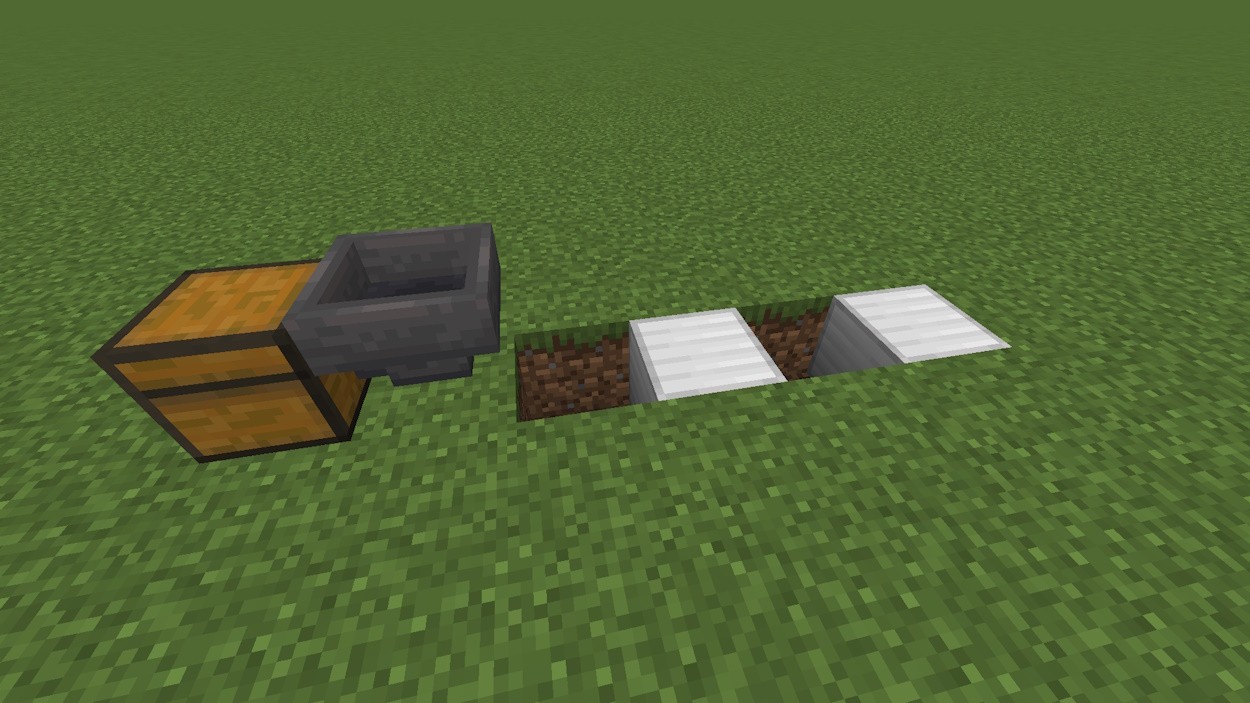 Hai khối rắn chắc được đặt trong một cái lỗ phía sau phễu trong Minecraft