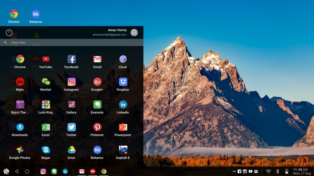 Hệ điều hành Android PrimeOS với menu bắt đầu