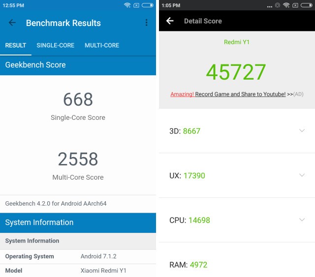 Hiệu năng của Redmi Y1 được thể hiện qua các bài test benchmark
