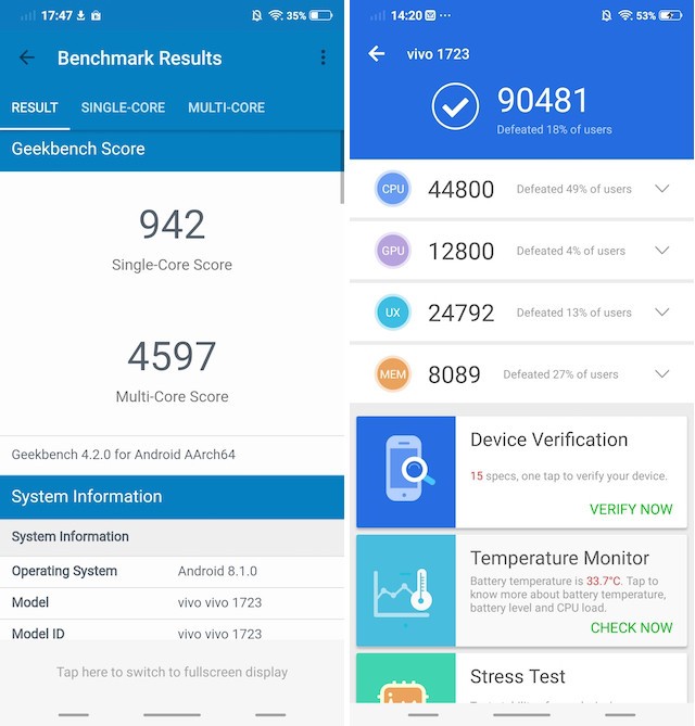 Hình ảnh hiệu năng của Vivo V9 qua các bài test benchmark