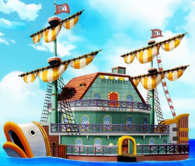 Hình ảnh tàu hải tặc Baratie trong One Piece, nhà hàng nổi trên biển của Zeff Chân Đỏ.