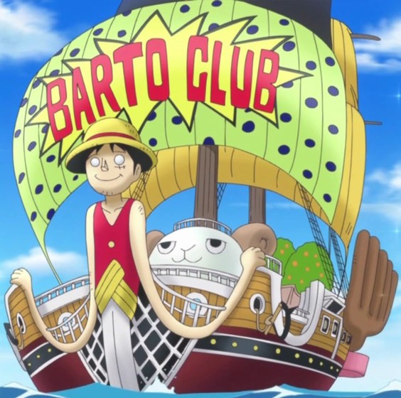 Hình ảnh tàu hải tặc Going Luffy-Senpai trong One Piece, con tàu thể hiện lòng hâm mộ cuồng nhiệt của Bartolomeo dành cho Luffy.