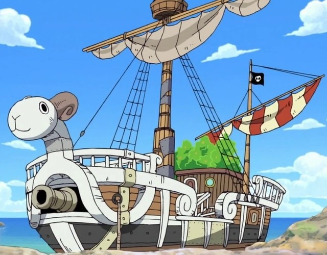 Hình ảnh tàu hải tặc Going Merry trong One Piece, con tàu đầu tiên và là người bạn đồng hành đáng yêu của băng Mũ Rơm.