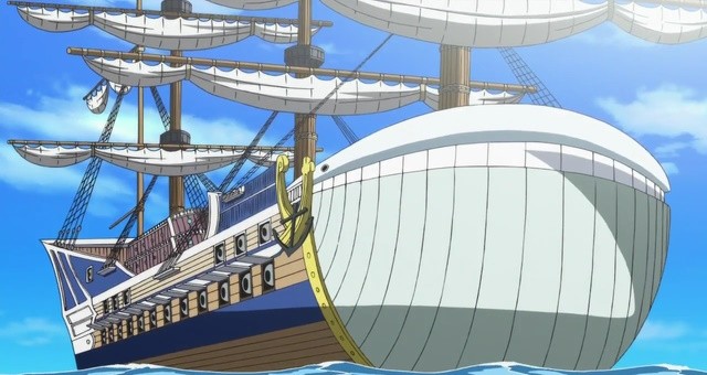 Hình ảnh tàu hải tặc Moby Dick trong One Piece, con tàu mang dáng dấp một con cá voi trắng khổng lồ.
