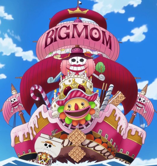 Hình ảnh tàu hải tặc Queen Mama Chanter trong One Piece, một con tàu biết hát và tràn ngập bánh kẹo.