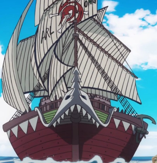 Hình ảnh tàu hải tặc Shark Superb trong One Piece, con tàu mang hình dáng một con cá mập hung dữ.