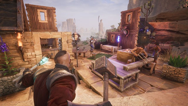 Hình ảnh trong game Conan Exiles: Người chơi đang xây dựng căn cứ và chiến đấu với quái vật trong một thế giới rộng lớn và nguy hiểm, thể hiện tinh thần sinh tồn và chinh phục.