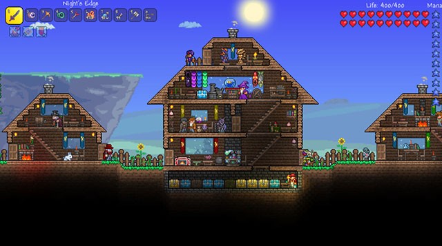 Hình ảnh trong game Terraria: Người chơi đang khám phá một thế giới 2D đầy màu sắc, khai thác tài nguyên và xây dựng căn cứ, với những yếu tố sinh tồn và phiêu lưu hấp dẫn.