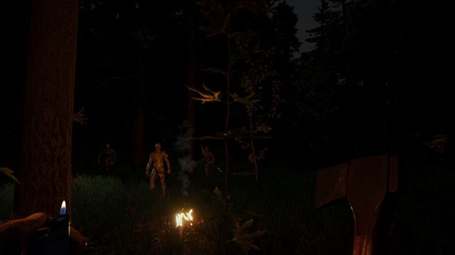 Hình ảnh trong game The Forest: Người chơi đang khám phá một khu rừng rậm rạp và nguy hiểm, phải đối mặt với những kẻ ăn thịt người và tìm cách sống sót.