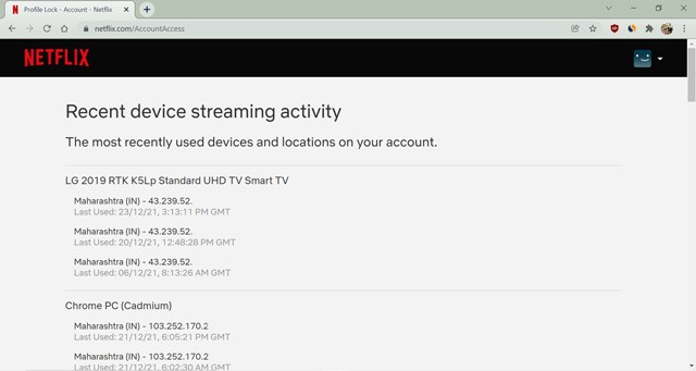 Hoạt động phát trực tuyến gần đây của thiết bị trên Netflix