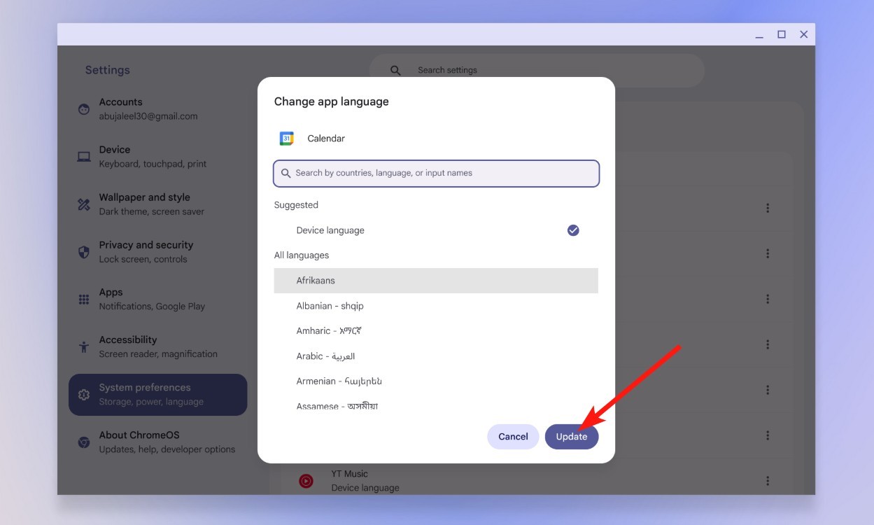 Hộp thoại thay đổi ngôn ngữ ứng dụng trong ChromeOS