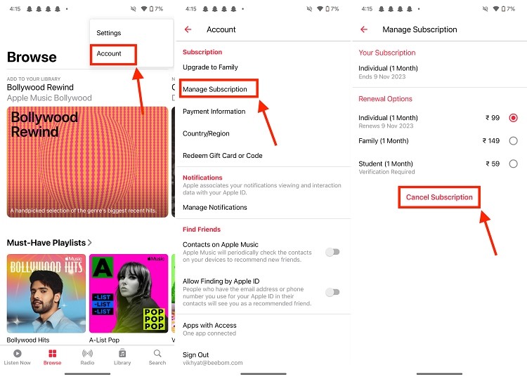 Hủy Apple Music trên Android