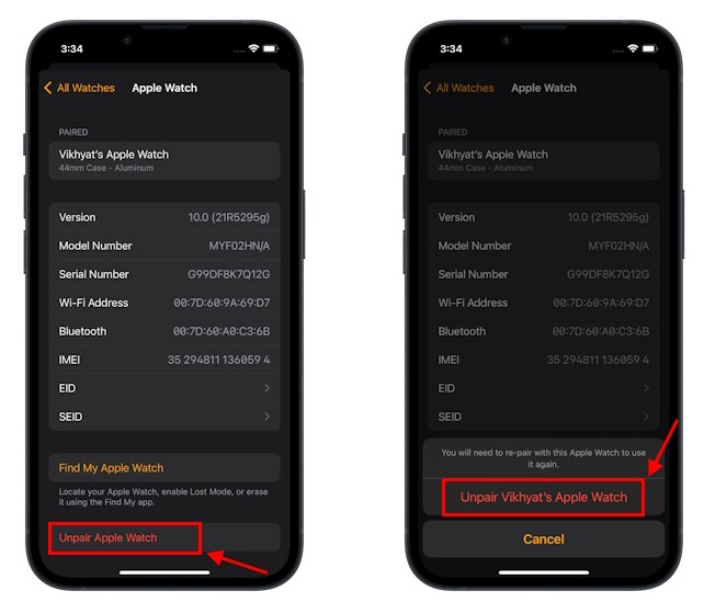 Hủy ghép nối Apple Watch