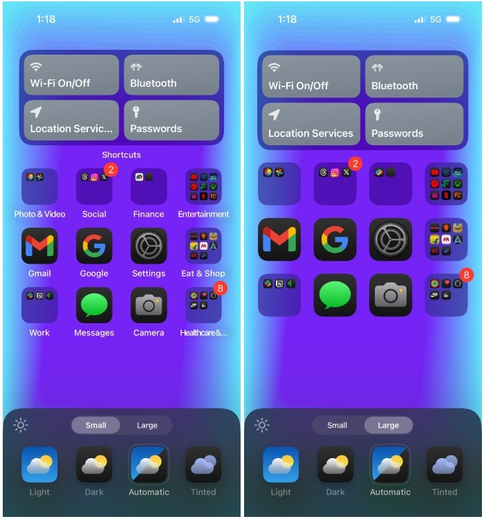 iOS 18 - Biểu tượng nhỏ và lớn