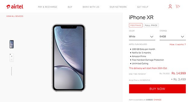 iPhone XR đặt hàng trước trên Airtel Online Store