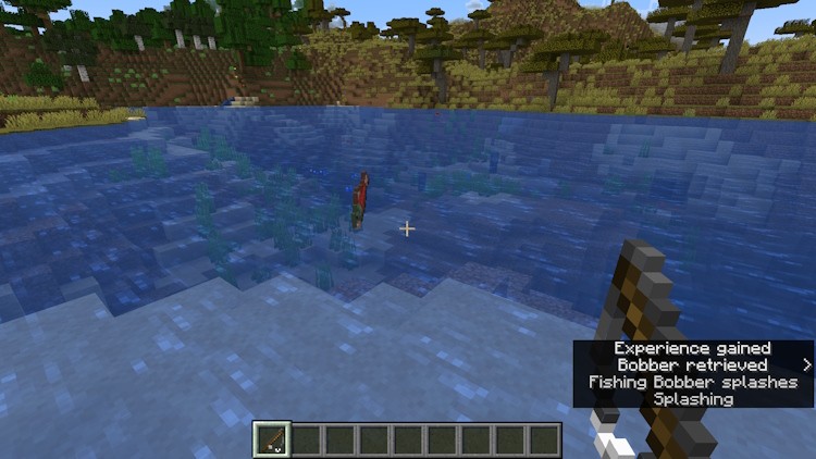 Kéo cá lên bờ sau khi câu thành công trong Minecraft