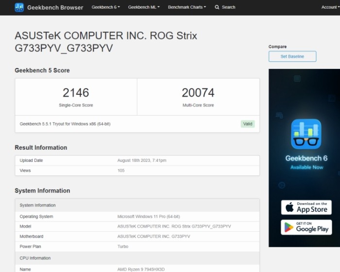 Kết quả GeekBench 5 bị rò rỉ của AMD Ryzen 9 7945HX3D