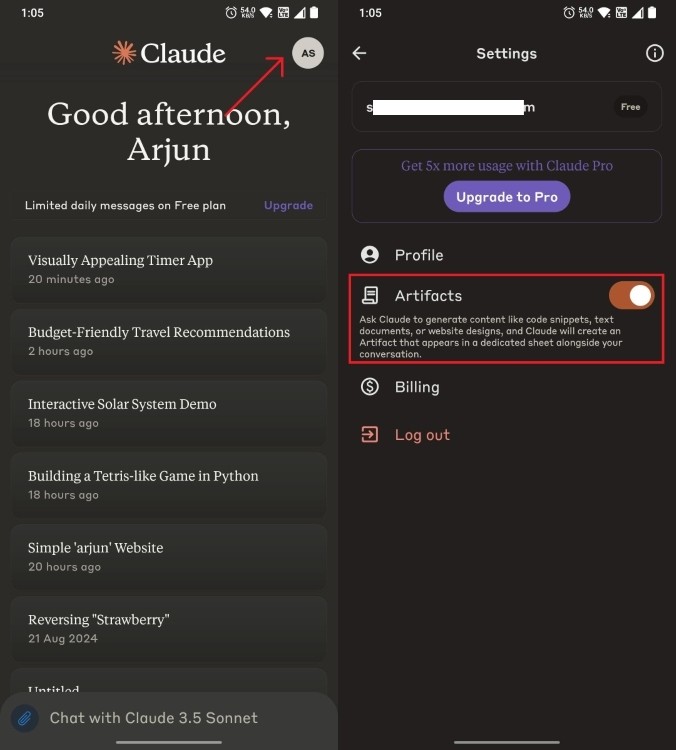 Kích hoạt Claude Artifacts trên Android, cho thấy các bước cần thiết trong cài đặt ứng dụng