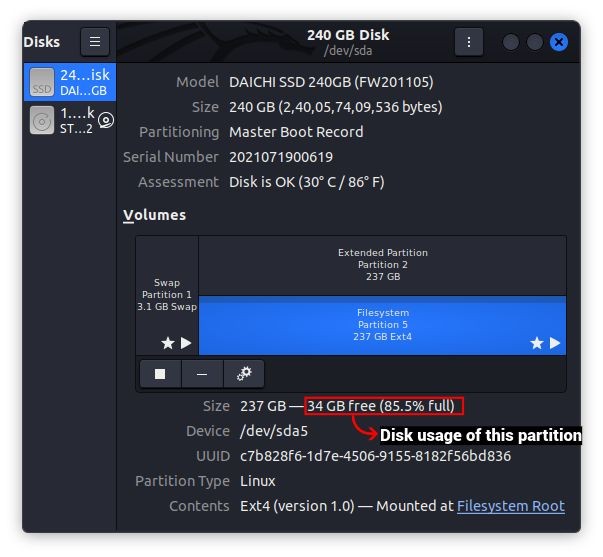 Kiểm tra dung lượng đĩa khả dụng bằng Gnome Disks Tool