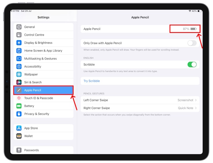 Kiểm tra mức pin Apple Pencil trên iPad thông qua Cài Đặt