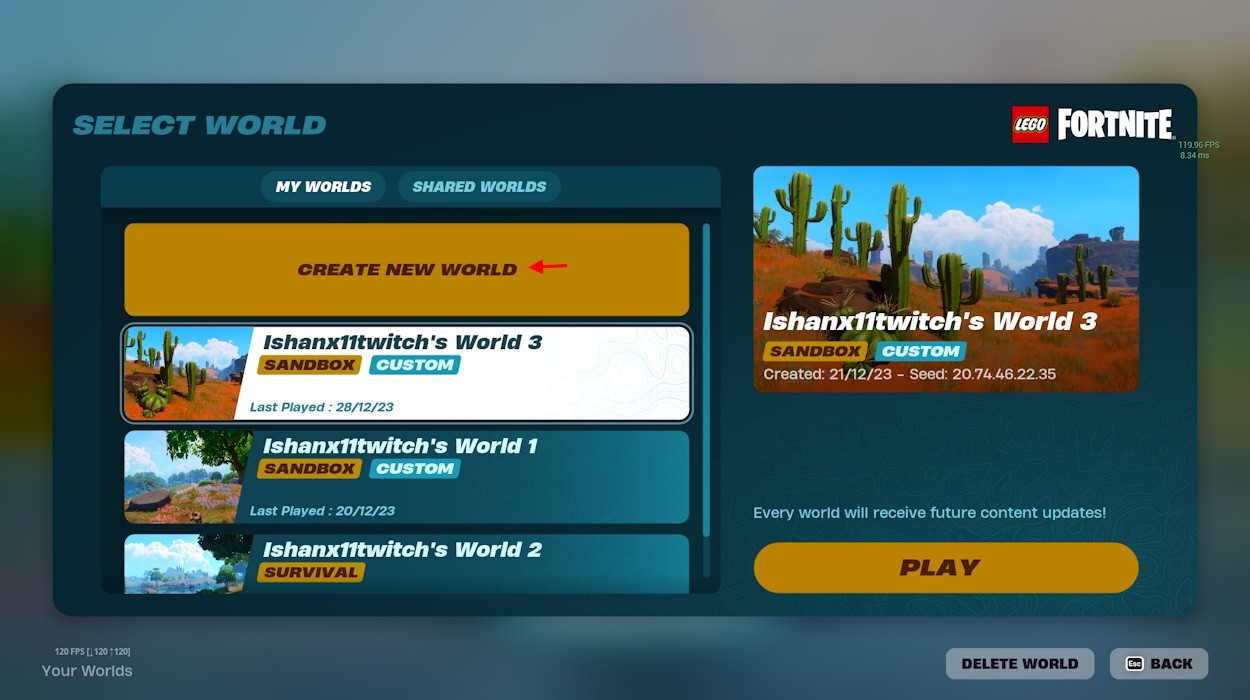 LEGO Fortnite create new world
