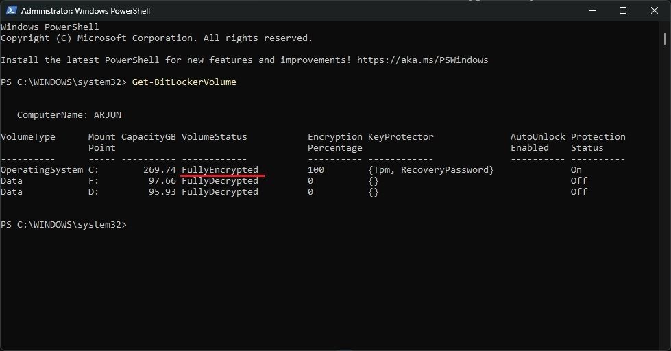 Lệnh PowerShell để kiểm tra mã hóa BitLocker