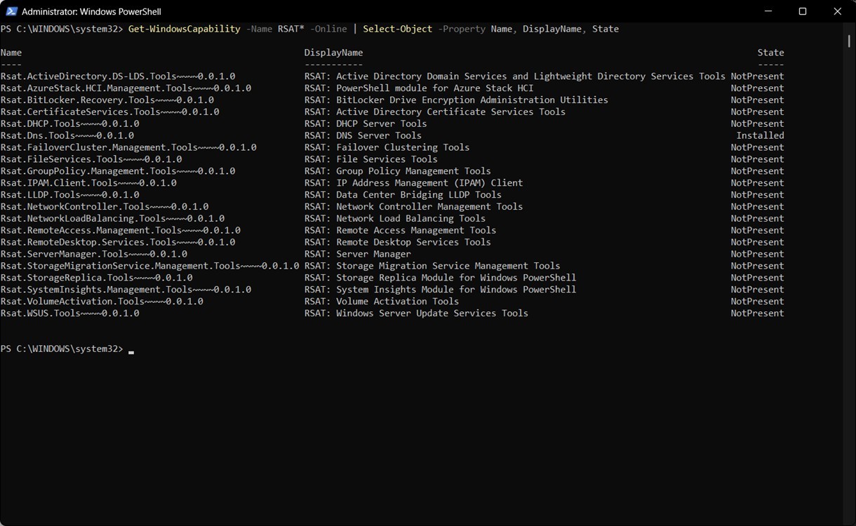 Liệt kê tất cả các công cụ RSAT có sẵn bằng lệnh PowerShell