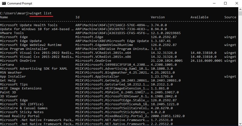 Liệt kê ứng dụng bằng Winget trong CMD trên Windows 10