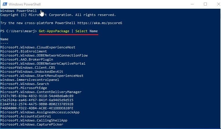 Liệt kê ứng dụng trong PowerShell trên Windows 10