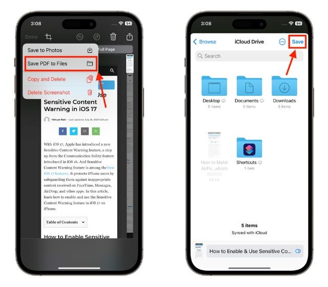 Lưu ảnh chụp màn hình vào tệp trên iPhone