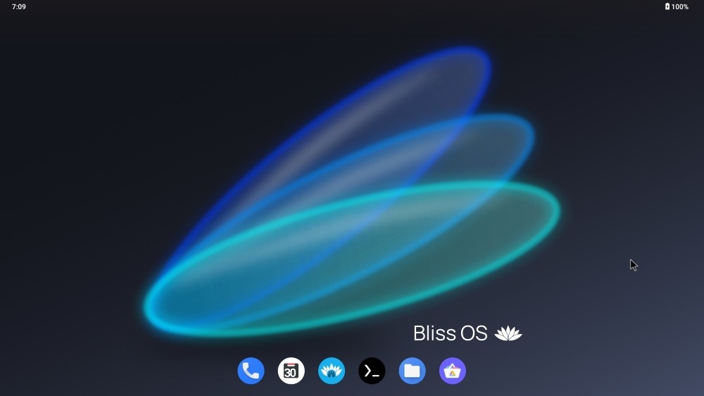 Màn hình chính của Bliss OS với hình nền Bliss