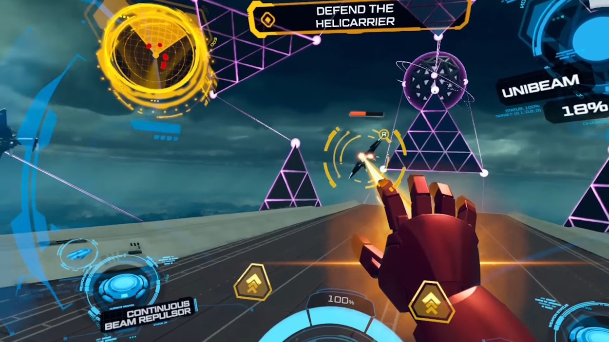 Marvel’s Iron Man VR on Quest 3: Iron Man VR trên Quest 3, người chơi đang bay lượn trên bầu trời với bộ giáp Iron Man, thể hiện sức mạnh và tốc độ của siêu anh hùng